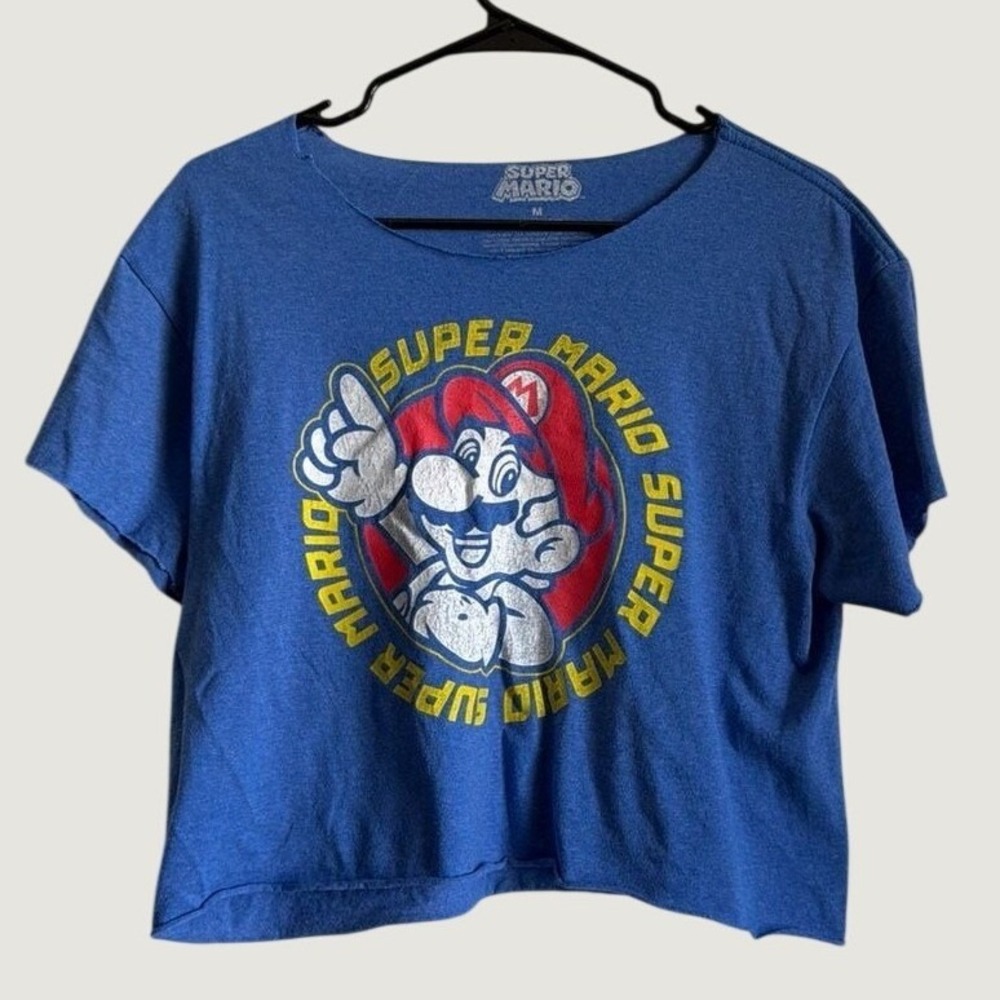 Nintendo Super Mario Bros Blue Graphic Crop Top Raw Hem T-Shirt Womens Medium